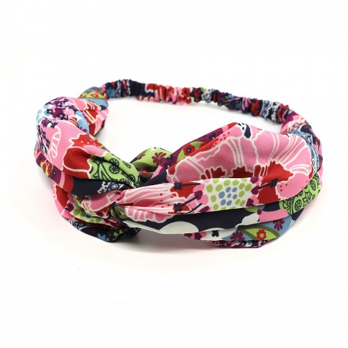 Polyester Twisted Headband with Large Pink Flower Print by Peace Of Mind